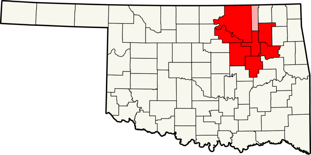 Map of Oklahoma with multiple northeastern counties highlighted in red, representing the service area for BOLD Roofworks.