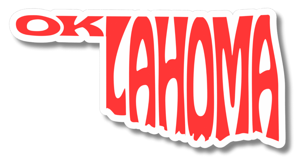 Stylized red and white graphic of the word "Oklahoma" with “OK” in bold letters followed by a distorted “LAHOMA” shaped to outline the state’s silhouette.